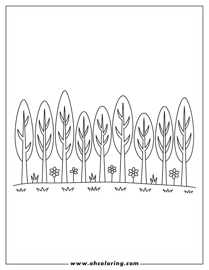 Simple line art of a row of trees and flowers, evoking a springtime scene. This drawing for coloring features oval-shaped treetops with Y-shaped branches, small tufts of grass, and a few simple flowers. Perfect for a spring coloring activity.
