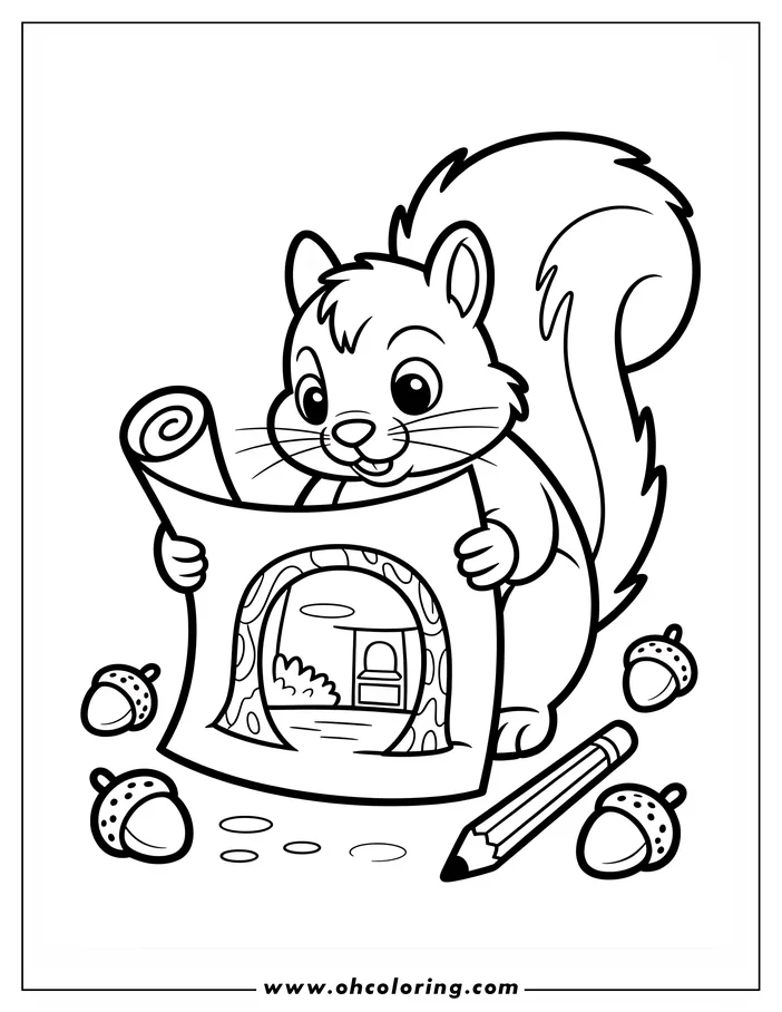 Line art of a squirrel holding a drawing of its tree home, with acorns and a pencil nearby.