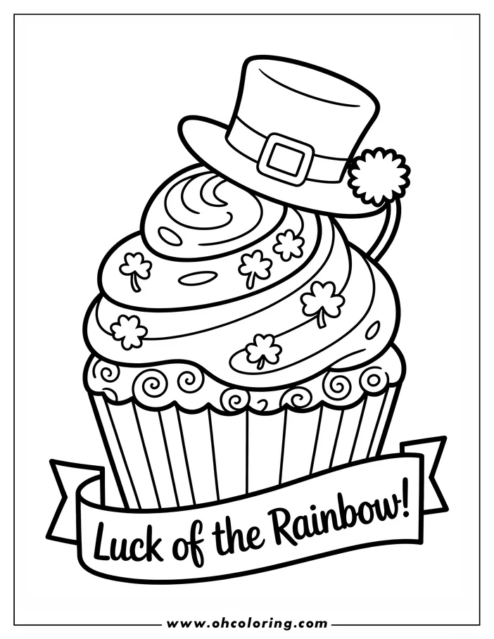 Line art of a St. Patrick's Day cupcake topped with swirls of frosting, shamrocks, and a leprechaun hat. A banner below the cupcake reads "Luck of the Rainbow!" This drawing is a coloring sheet design, ready for printing and coloring.