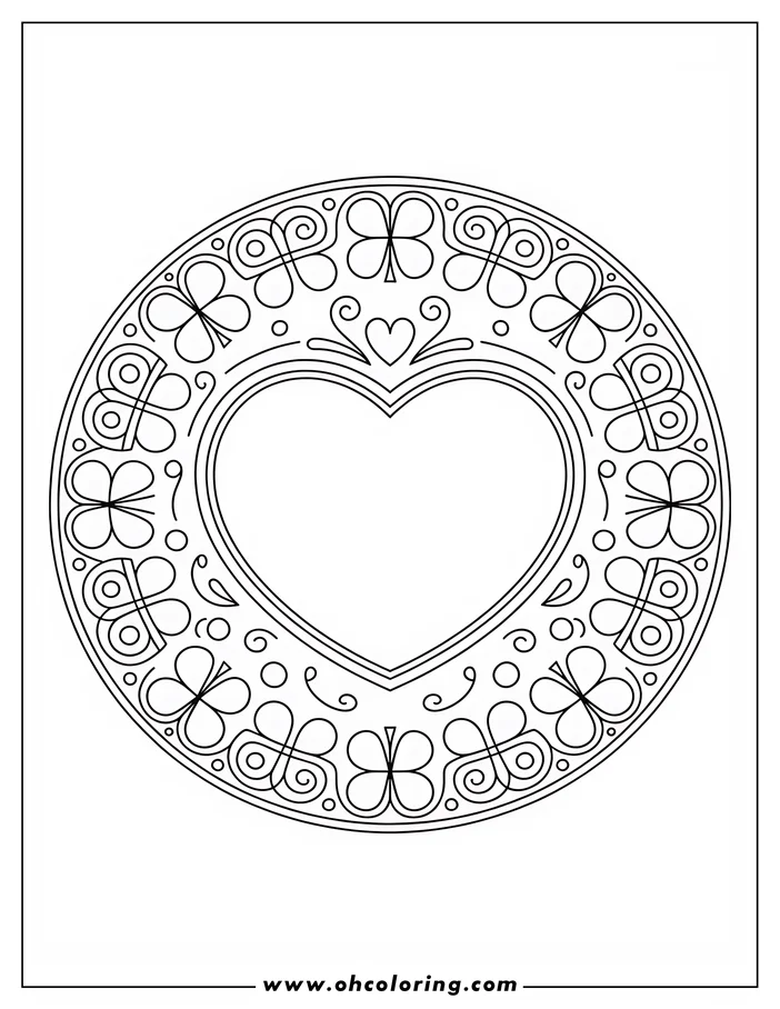 Intricate line art of a St. Patrick's Day mandala. A heart shape sits at the center, surrounded by stylized shamrocks, swirls, and decorative patterns.  This circular coloring sheet design is perfect for celebrating the holiday.