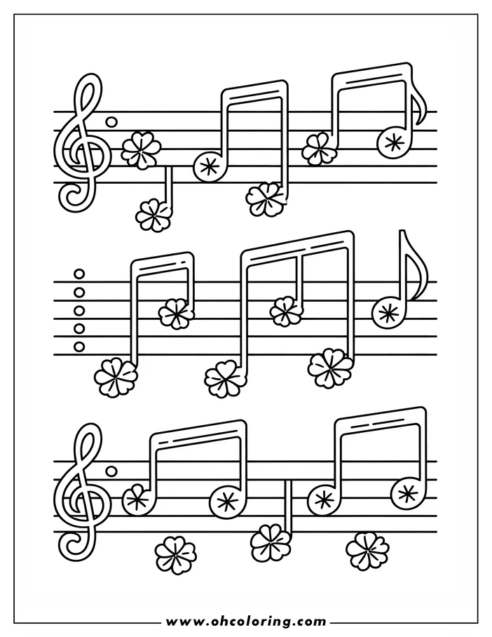 A coloring page design featuring music notes interspersed with shamrocks on a musical staff, perfect for St. Patrick's Day celebrations.