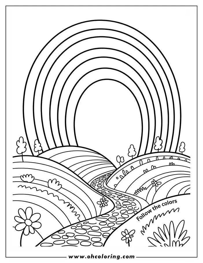 Line art depicting a St. Patrick's Day-themed landscape. A large rainbow arches over rolling hills, dotted with simple flowers and small stylized trees. A winding cobblestone path leads through the scene, inviting coloring enthusiasts to create their own vibrant interpretation. This coloring sheet design is perfect for celebrating the holiday.
