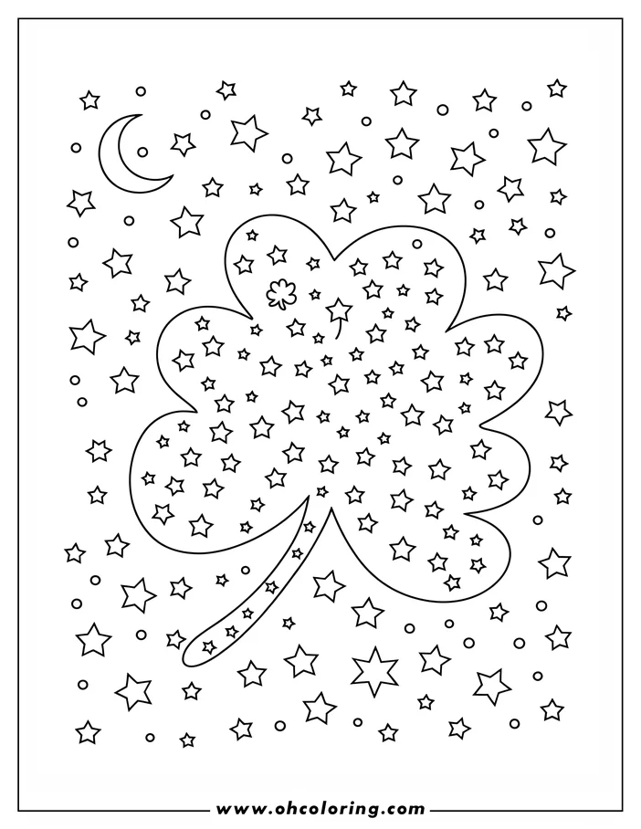 Line art of a shamrock-shaped design filled with various stars, surrounded by more stars, dots, and a crescent moon, ideal for a St. Patrick's Day coloring sheet.