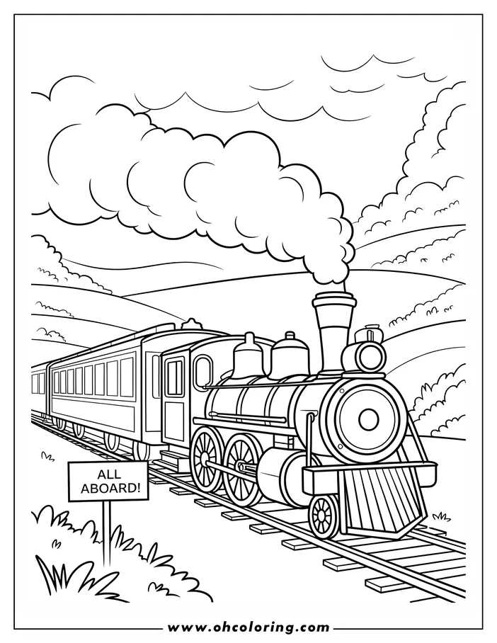 Outline of a classic steam train traveling along a track, pulling a passenger car. A sign says "All Aboard!".
