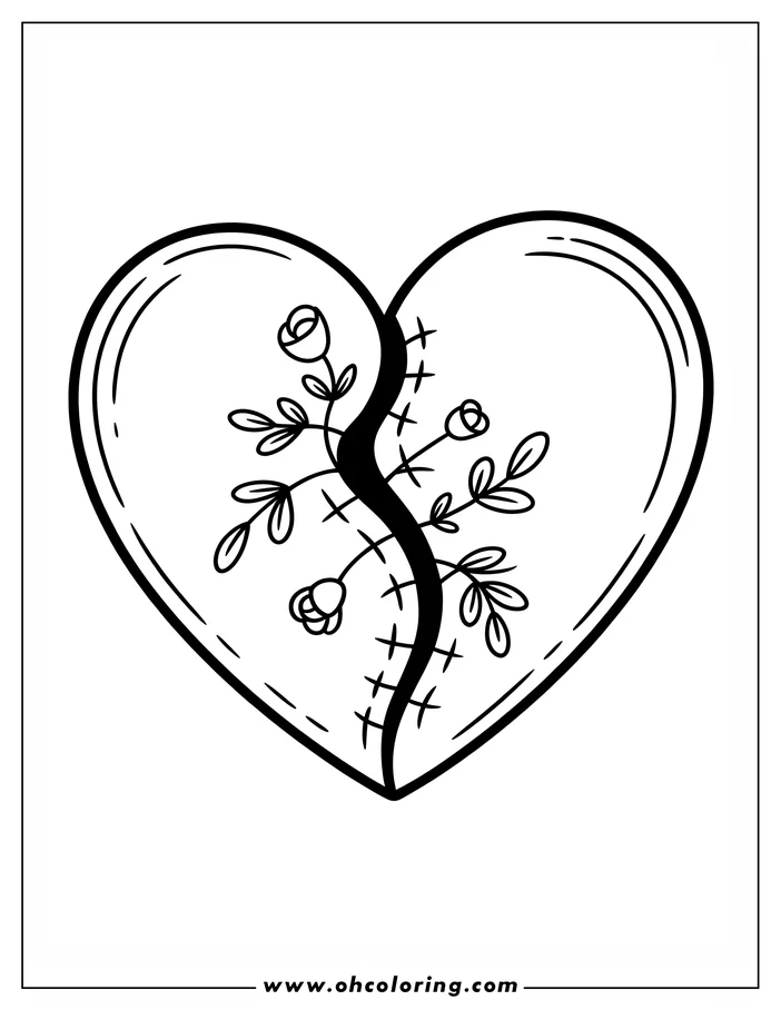 Line art of a heart split down the middle and stitched back together with flowers growing out of the seam. This drawing for coloring is simple with thick lines.
