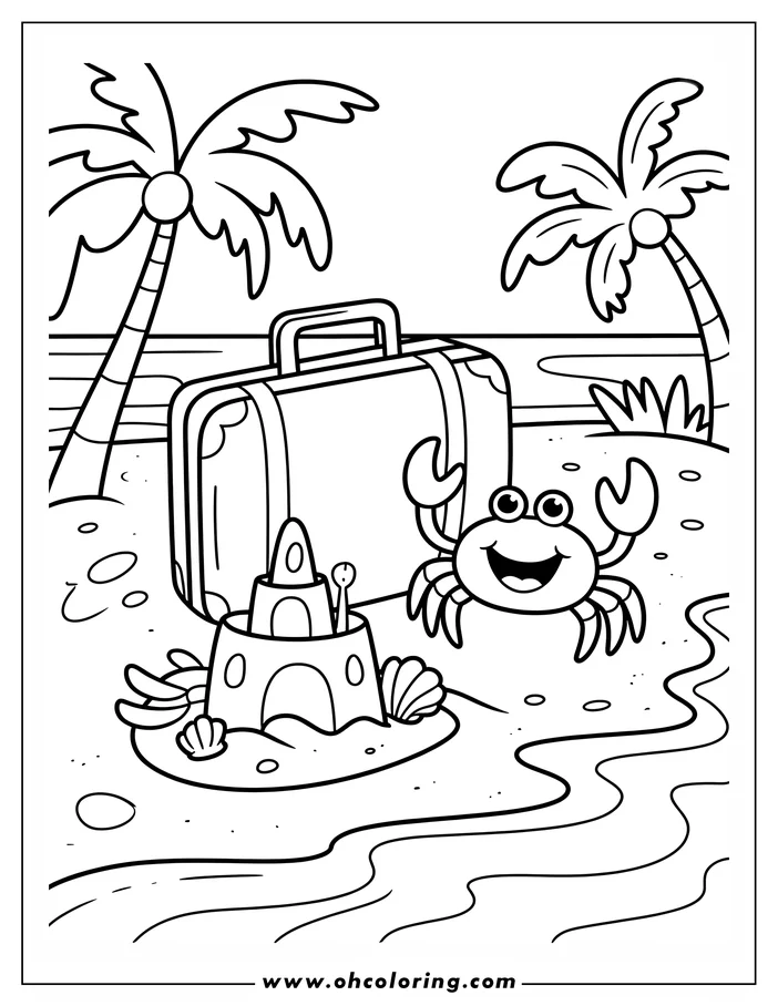Simple coloring page design featuring a suitcase on a beach. A smiling crab stands near the suitcase, and a small sandcastle sits beside it. Two palm trees frame the scene, and seashells are scattered on the sand.