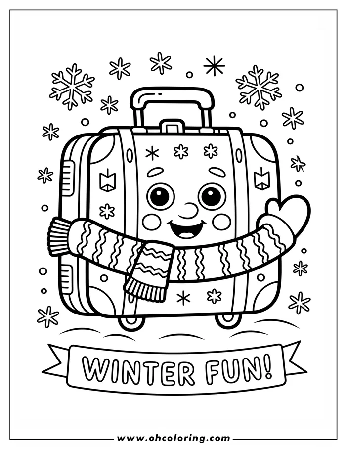 Line art of a cheerful suitcase wearing a winter scarf and mitten, with snowflakes falling around it. A banner at the bottom reads 'Winter Fun', ready for coloring.