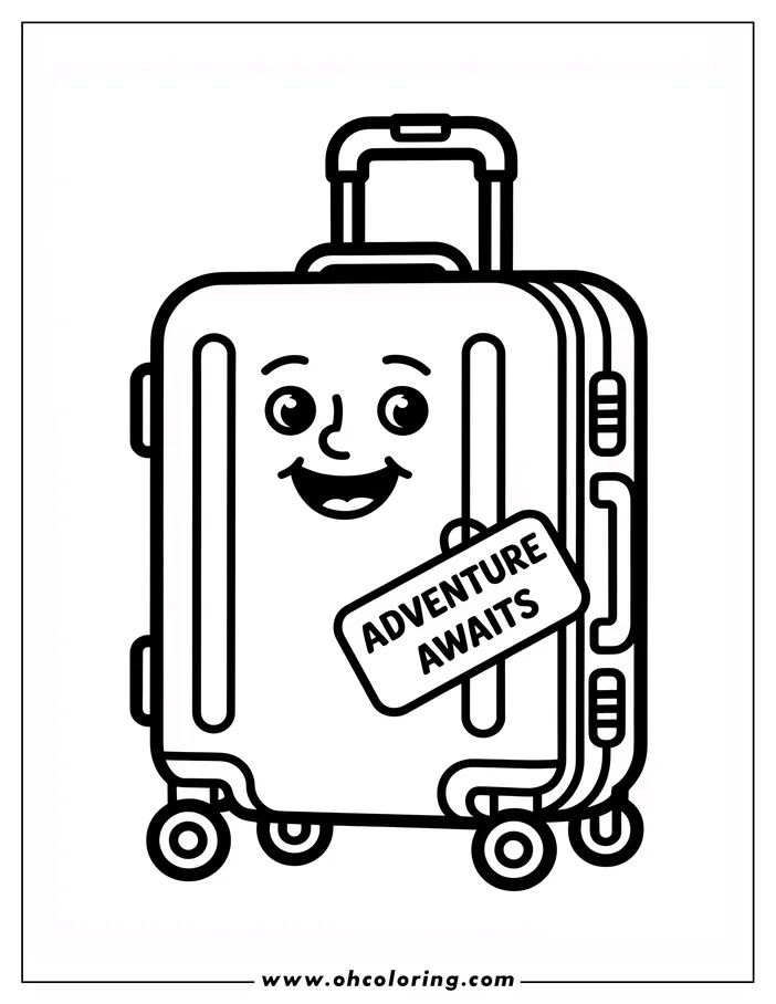 Simple, line art illustration of a rolling suitcase with a friendly, smiling face. An "Adventure Awaits" tag hangs from the handle. Designed as a coloring sheet, it's ready to be customized with color.