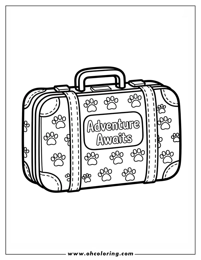 Line art of a suitcase covered in paw prints, designed as a coloring sheet. The suitcase has a handle on top and straps around it. The words 'Adventure Awaits' are printed on the front. Ideal for travel or pet-themed coloring activities.