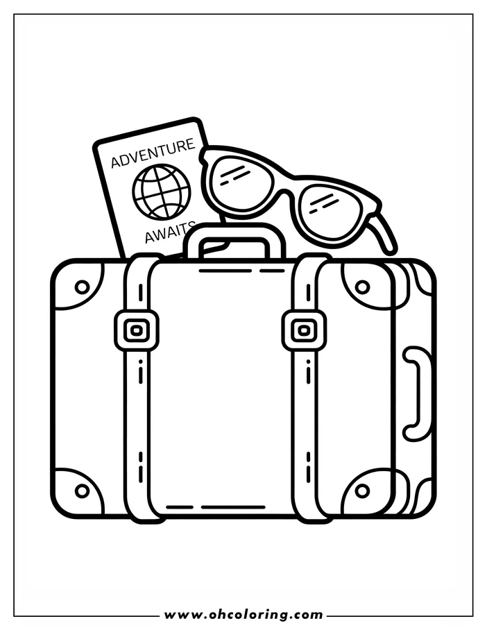 Line art of a suitcase with travel accessories. The suitcase has buckles and straps, and on top are a pair of sunglasses and a passport that says "Adventure Awaits." This is a drawing designed for a coloring sheet.