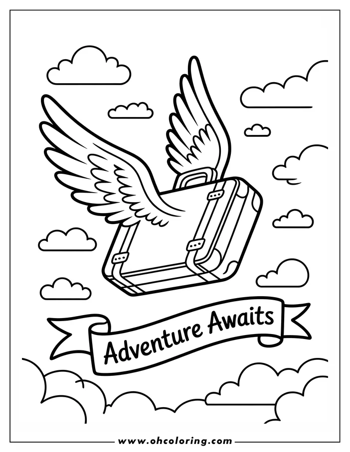 Line art of a suitcase with wings flying amongst clouds. A banner below reads "Adventure Awaits." This is a coloring sheet design.