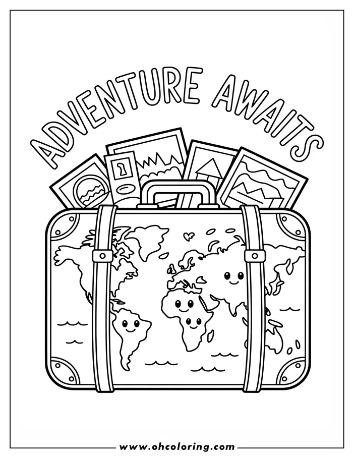 Line art of a suitcase decorated with a world map.  Each continent on the map has a cute, smiling face. Travel photos stick out of the top, suggesting a travel theme. This is a design for a coloring sheet.