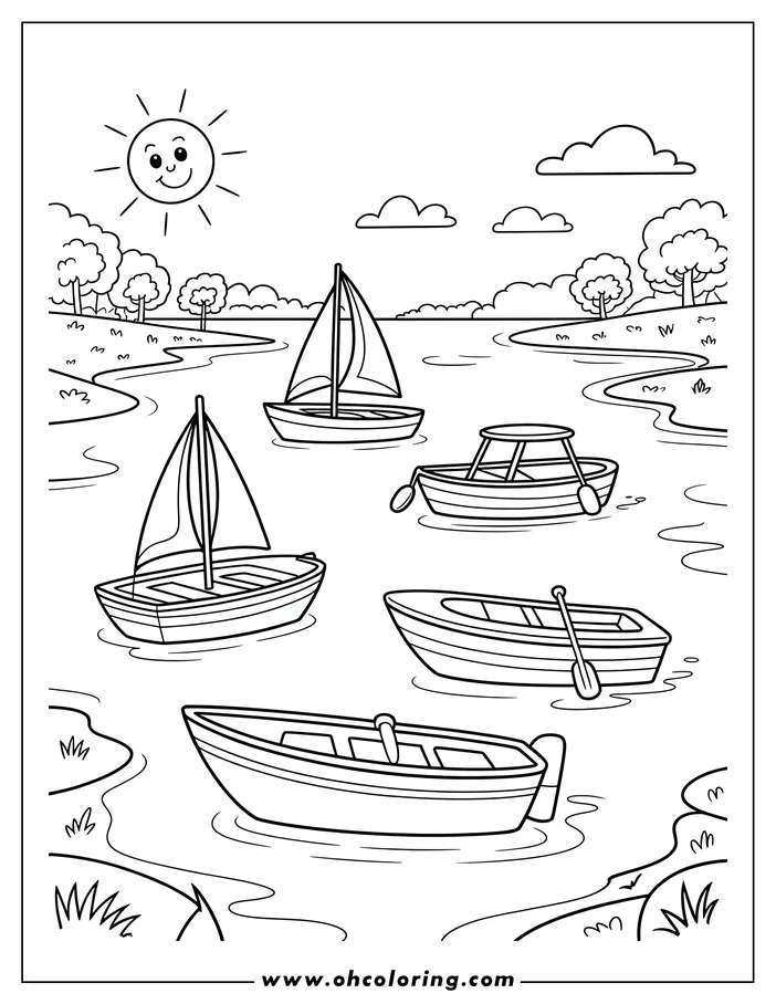 Five simple boats of different types on a calm lake on a summer day. Trees and grassy areas line the shore, and a smiling sun shines overhead.