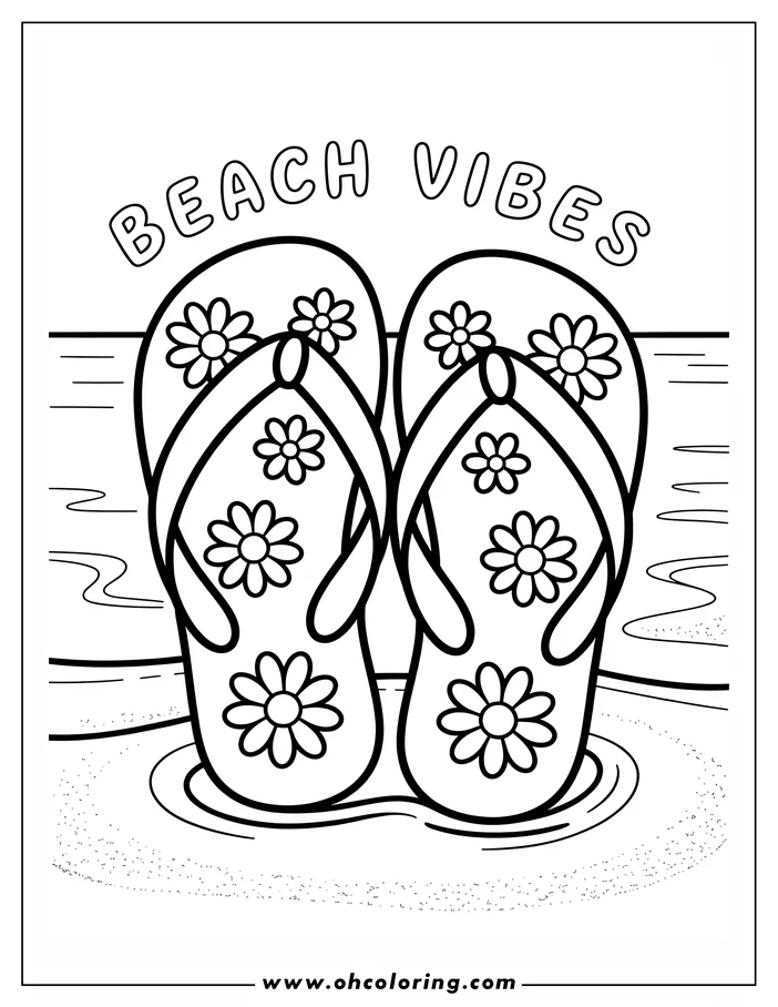 Line art of a pair of flip-flops on the beach, decorated with daisies and the words 'BEACH VIBES'.