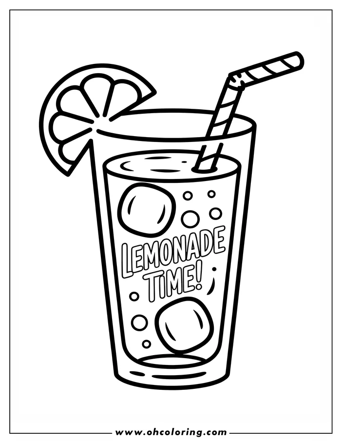 Line art of a tall glass of lemonade with ice cubes, a lemon slice, and bubbles.