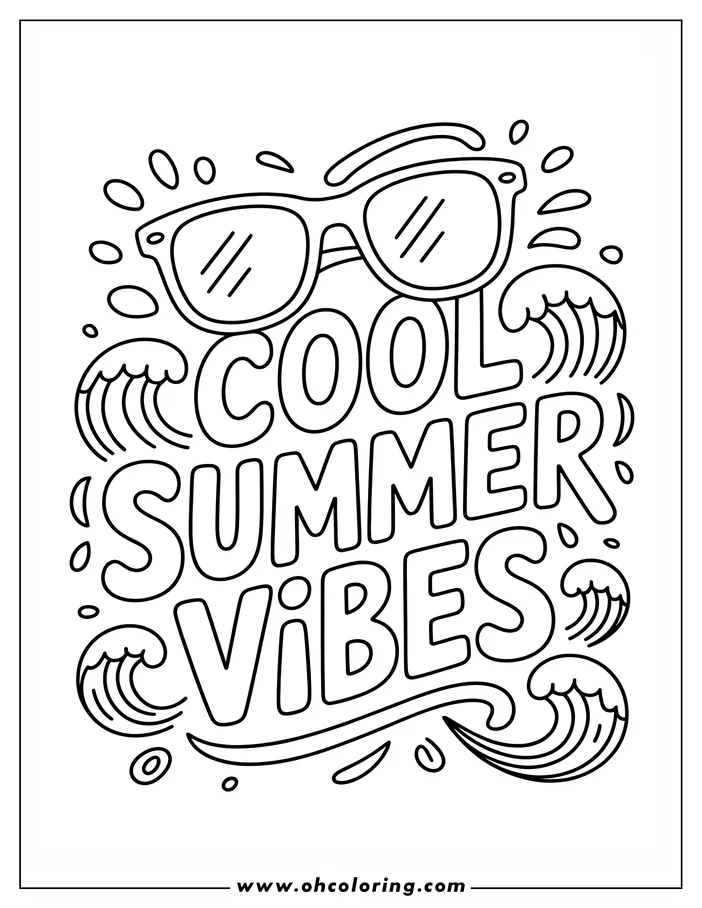 Line art of sunglasses and stylized ocean waves surrounding the words 'Cool Summer Vibes'.