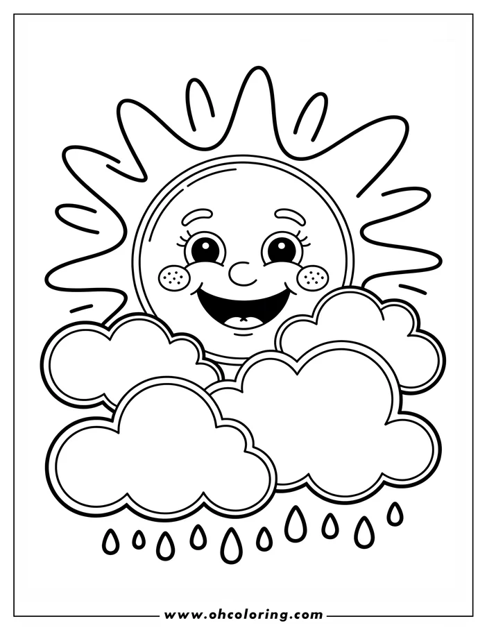 A simple line art drawing of a smiling sun peeking from behind clouds with raindrops falling below. It's designed as a coloring sheet, perfect for spring themes.