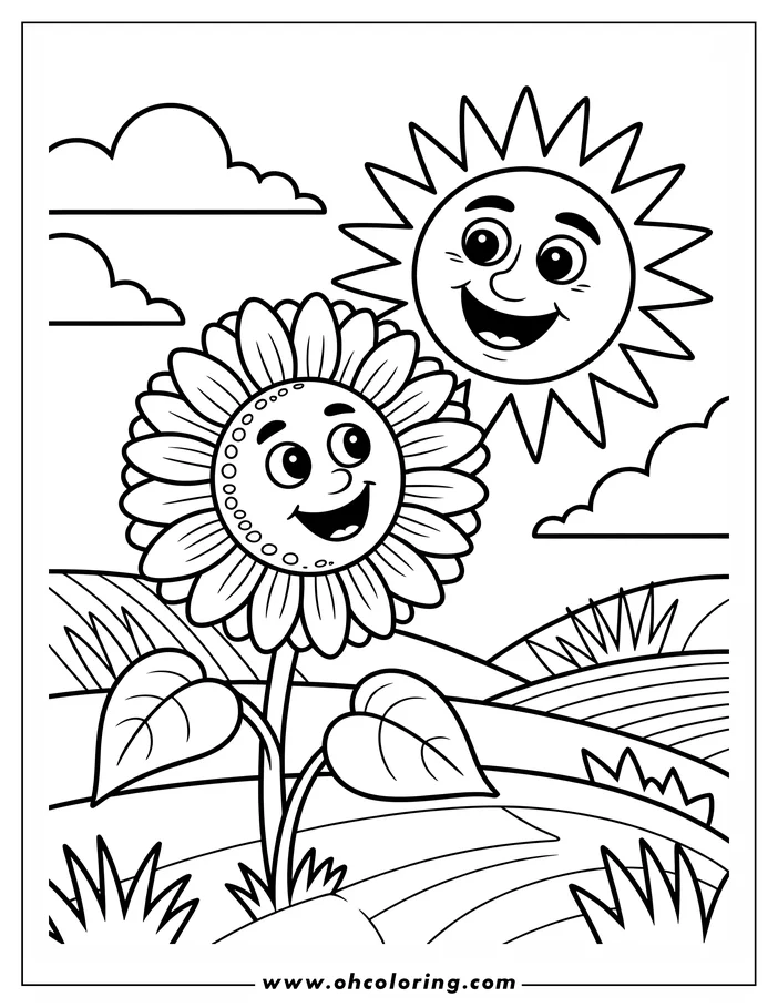 Line art of a smiling sunflower with a friendly sun in the background, set in a field with rolling hills and clouds.