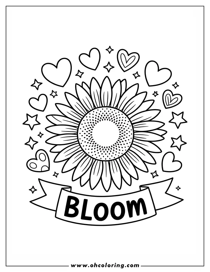 Line art of a sunflower with a banner that reads "Bloom" surrounded by hearts and stars.