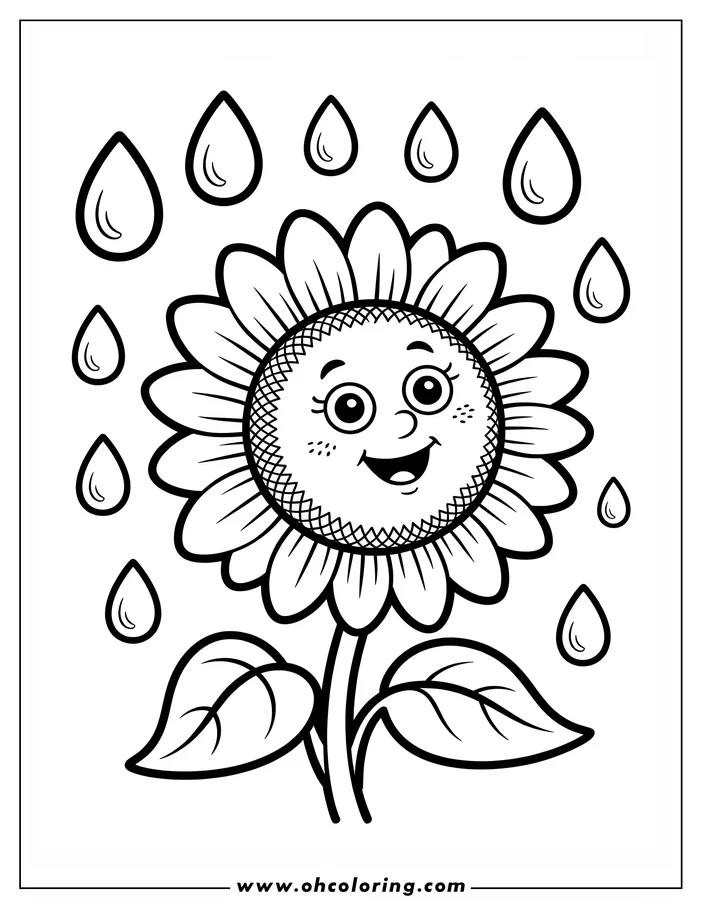 Line art of a smiling sunflower with raindrops falling around it.