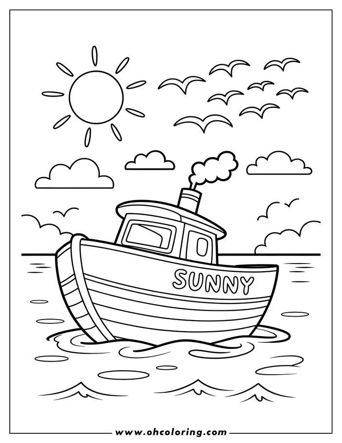 Outline of the Sunny boat floating on water with birds overhead and a bright sun