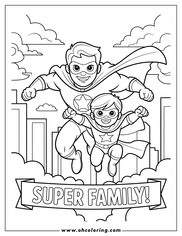 Line art of a superhero father and son flying over a city. Both wear masks and capes, with a star emblem on their chests, a banner below reads "Super Family!". This detailed image is ready for coloring.