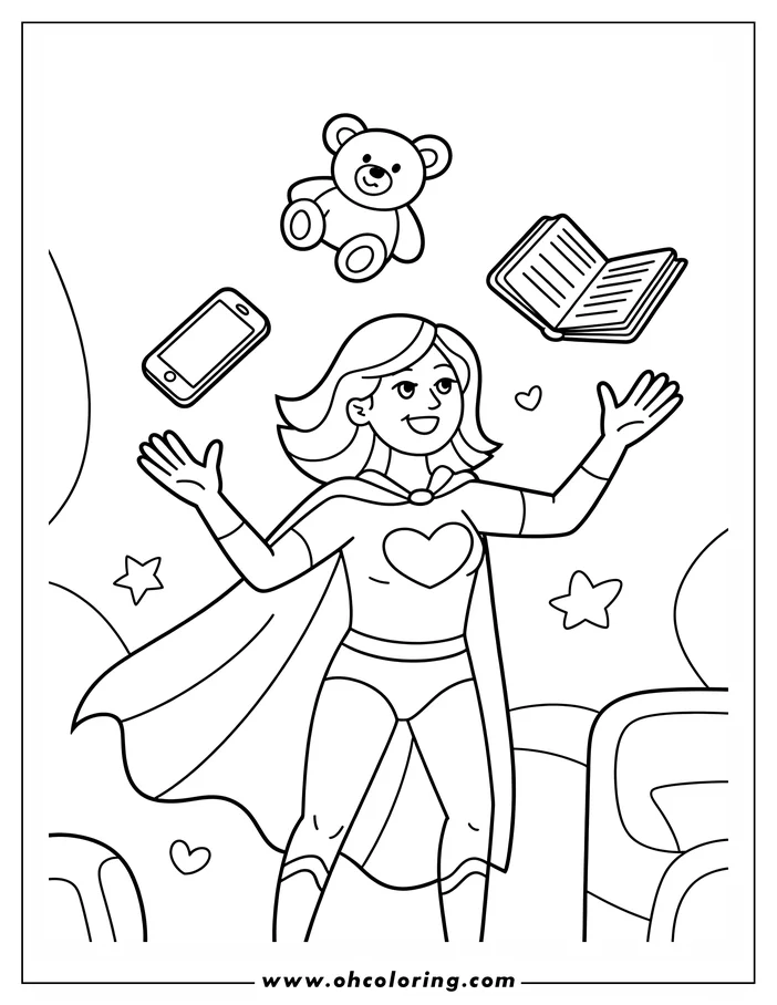 Line art of a superhero mom juggling a teddy bear, a book, and a phone. She wears a cape and a costume with a heart, showcasing her multitasking skills. This drawing is a coloring sheet design perfect for Mother's Day.