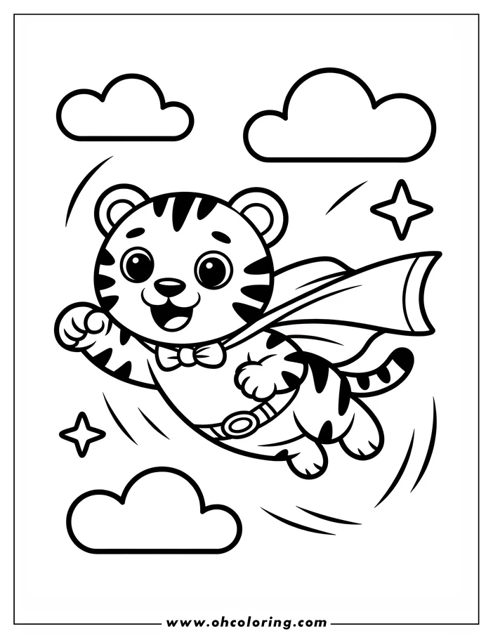 Outline of a cheerful tiger dressed as a superhero, flying among clouds and stars.