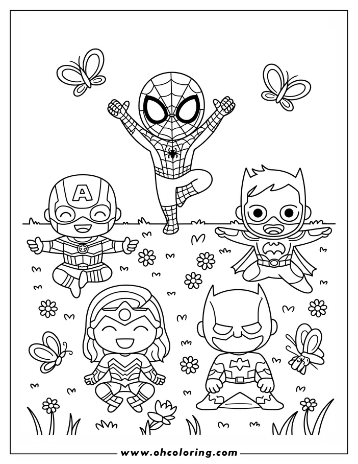 Line art of four superheroes (Spiderman, Captain America, Wonder Woman, Batman) in a field. Butterflies and flowers surround them.