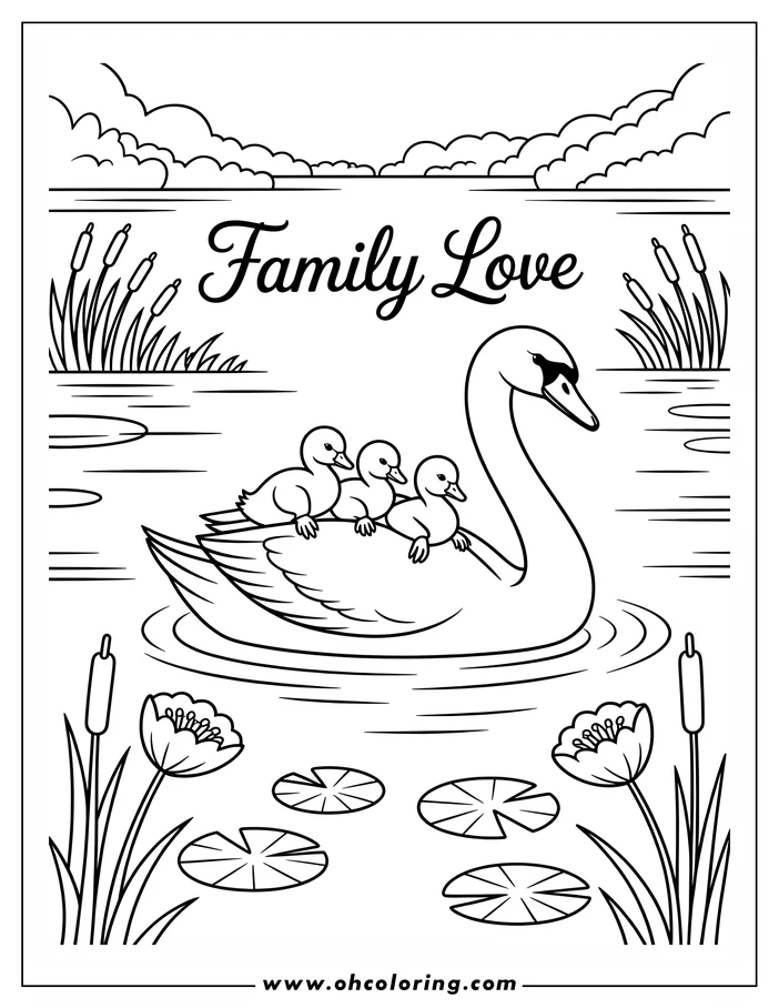 Line art of a mother swan with three cygnets on her back, floating on a pond amidst lily pads and cattails, creating a sweet family scene ideal for a coloring page.