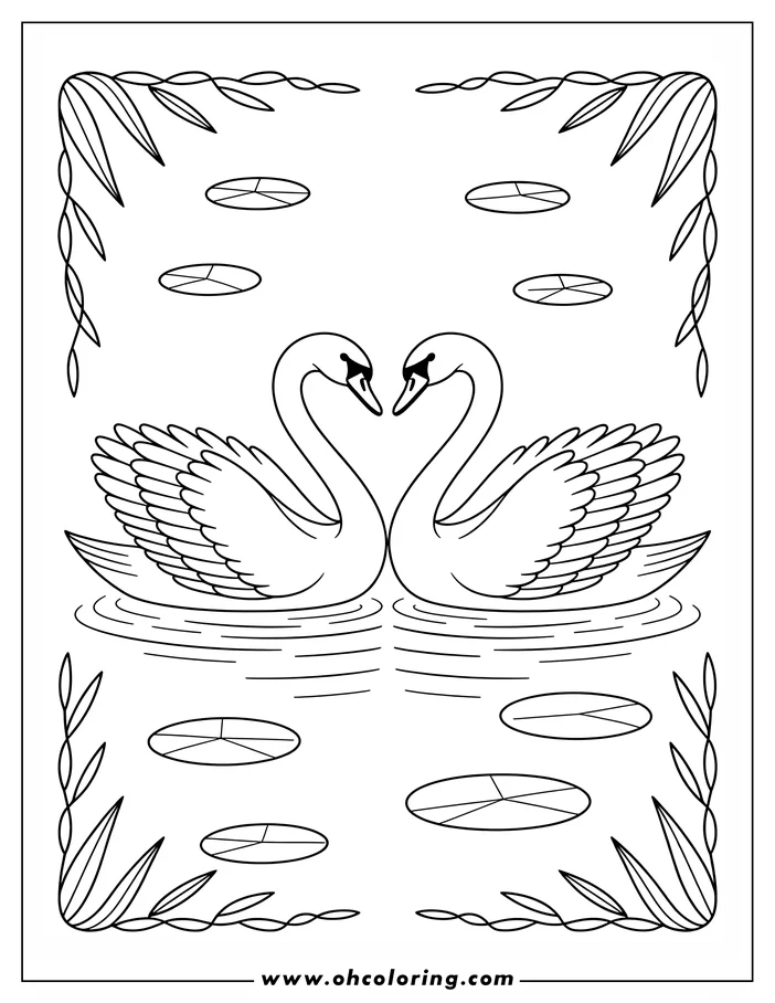 Line art of two swans forming a heart shape with their necks, floating on a pond with lily pads. A decorative border of leaves and vines surrounds the image. Perfect for a Valentine's Day coloring sheet.