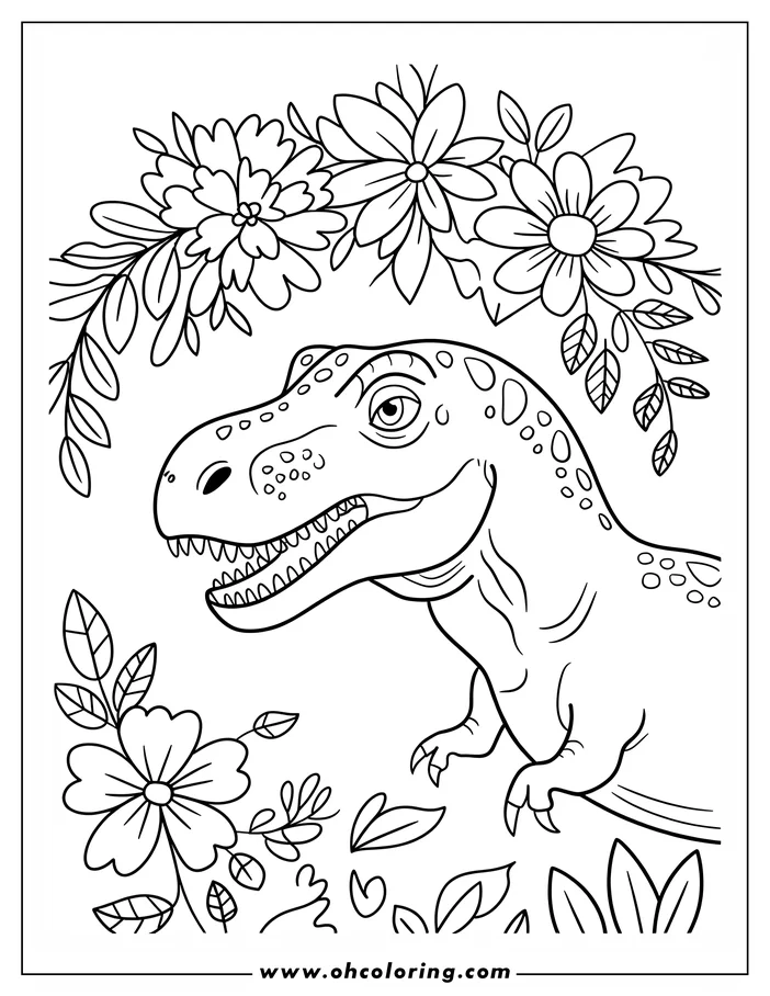 Line art of a T-Rex surrounded by various flowers and leaves.