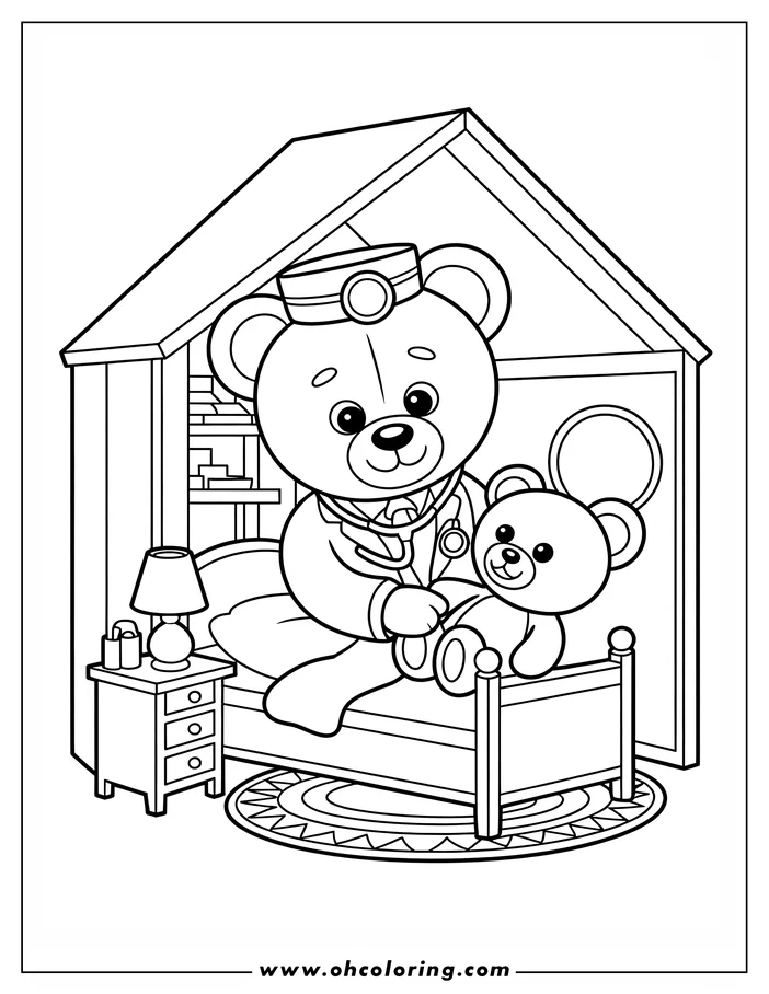 Line art of a teddy bear doctor examining a patient teddy bear in a bedroom. The doctor wears a medical hat, coat, and uses a stethoscope. The patient sits on a small bed, with a nightstand, lamp, and rug also in the scene. A detailed drawing ready for coloring.