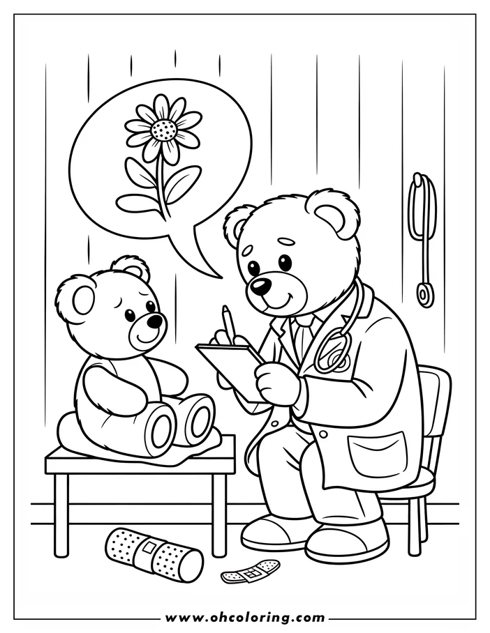 Line art of a teddy bear doctor examining a patient teddy bear. The doctor wears a lab coat and stethoscope and writes on a clipboard. The patient sits on a table and thinks of a flower. Bandages and a stethoscope on the wall complete the medical setting, all ready for coloring.