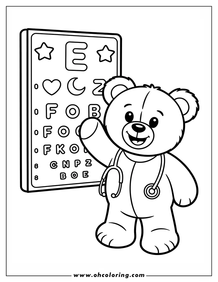 Line art of a teddy bear doctor, wearing a stethoscope, pointing at an eye chart with letters and symbols.  A coloring sheet design for kids.
