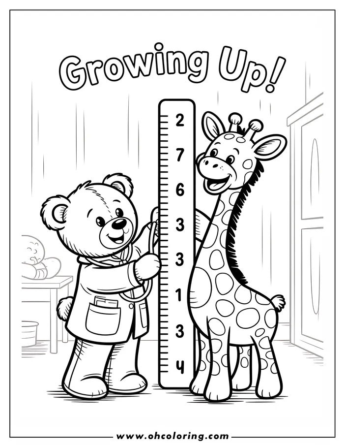 Line art depicting a teddy bear doctor measuring a giraffe's height against a ruler in a doctor's office. Another patient rests on an examination table in the background. This coloring page is ready for some fun and creativity!