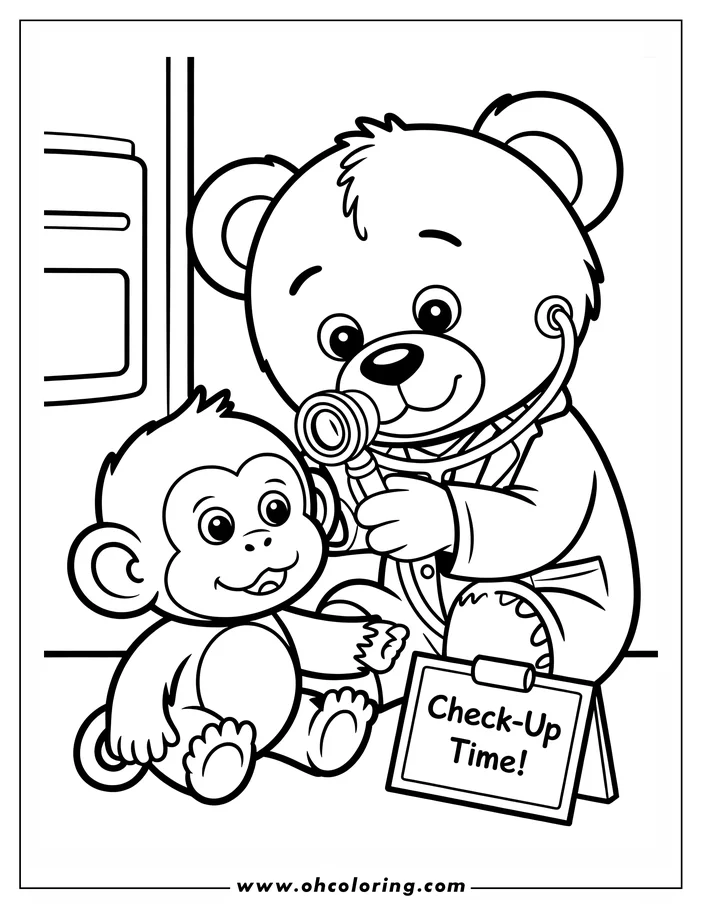 Line art of a teddy bear doctor with a stethoscope examining a monkey patient. The scene is set in what appears to be a doctor's office, with cabinets visible in the background. A small sign reads 'Check-Up Time!' This is a coloring sheet design ready for printing and coloring.