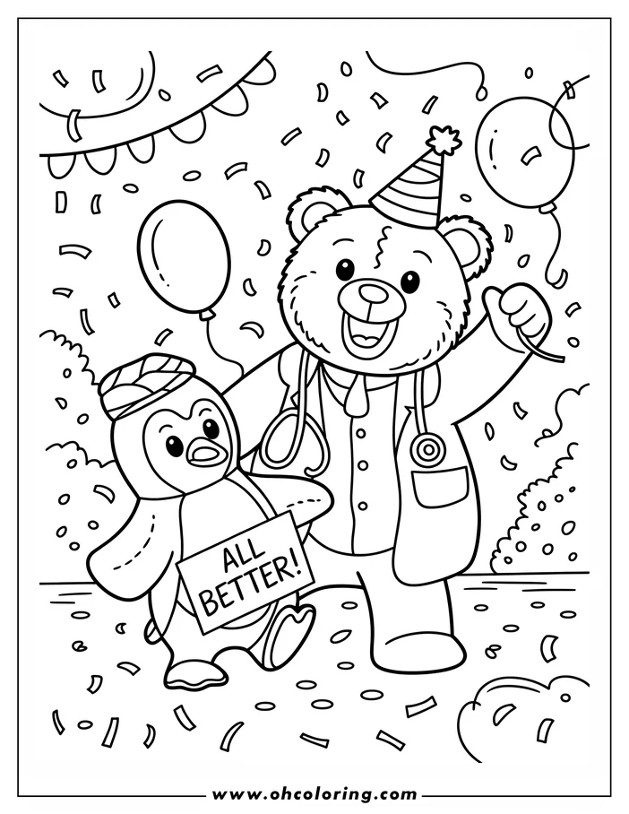 Line art depicting a teddy bear doctor with a party hat and stethoscope, celebrating with a penguin holding an "All Better!" sign. Confetti and balloons add to the festive scene, perfect for a get-well or doctor-themed coloring page.