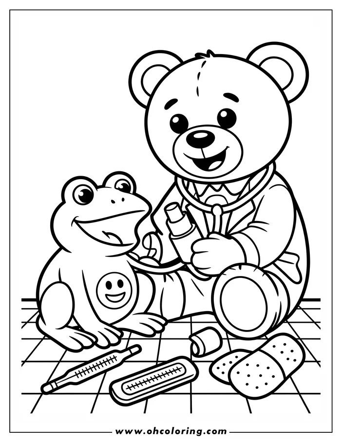 Line art of a teddy bear doctor caring for a frog patient. The bear wears a doctor's coat and stethoscope, and holds a spray bottle. Medical supplies like thermometers and bandages are scattered around them on a tiled floor. This is a coloring sheet design.