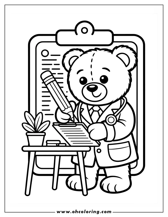 Line art of a teddy bear doctor writing on a clipboard. He's wearing a lab coat and stethoscope, with a medical chart in the background, designed as a coloring sheet.