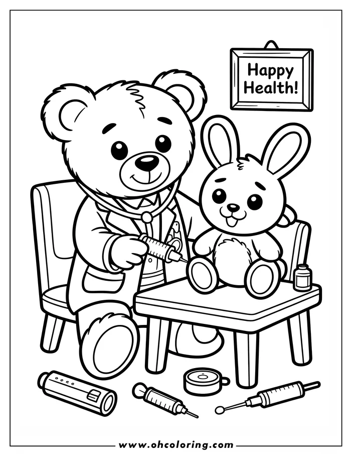 Line art of a teddy bear doctor giving an injection to a bunny patient. The bear wears a lab coat and stethoscope. Medical supplies are scattered around. A sign says "Happy Health!" This coloring sheet design is ready for kids to color.