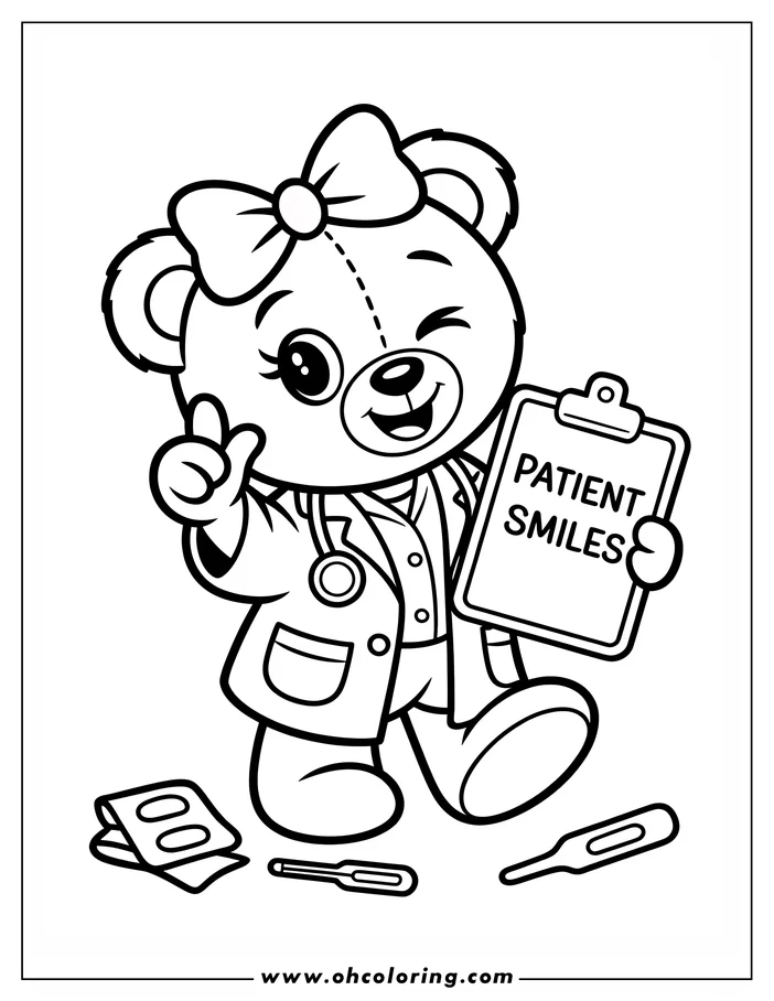 Line art of a teddy bear doctor, wearing a lab coat and holding a patient chart.  The bear is winking and giving a thumbs up.  Thermometers and a packet of pills lay on the floor nearby.  A coloring sheet design.