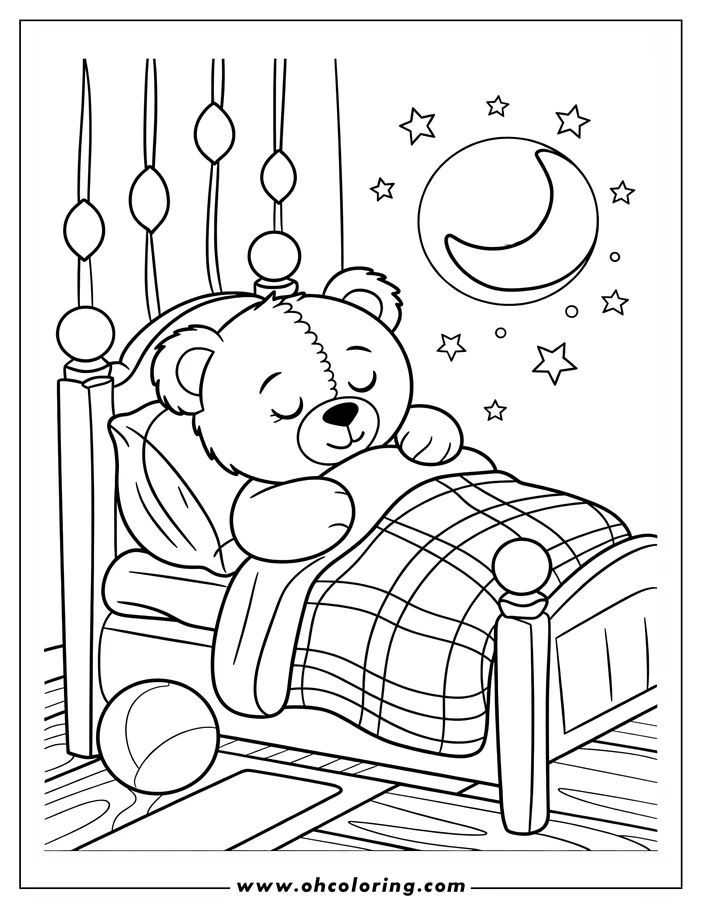 Line art of a teddy bear sleeping in bed with a blanket, a basketball on the floor, and a crescent moon and stars visible through the window.