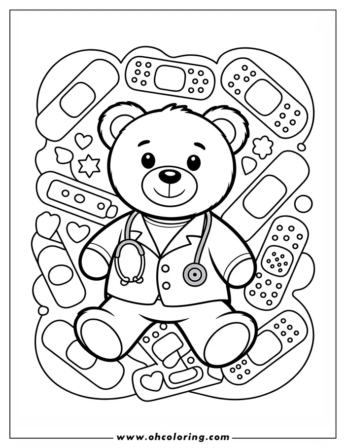 Line art of a teddy bear wearing a doctor's coat and stethoscope, surrounded by band-aids and hearts. This coloring sheet design features a friendly, smiling bear, ready for kids to color and bring to life.