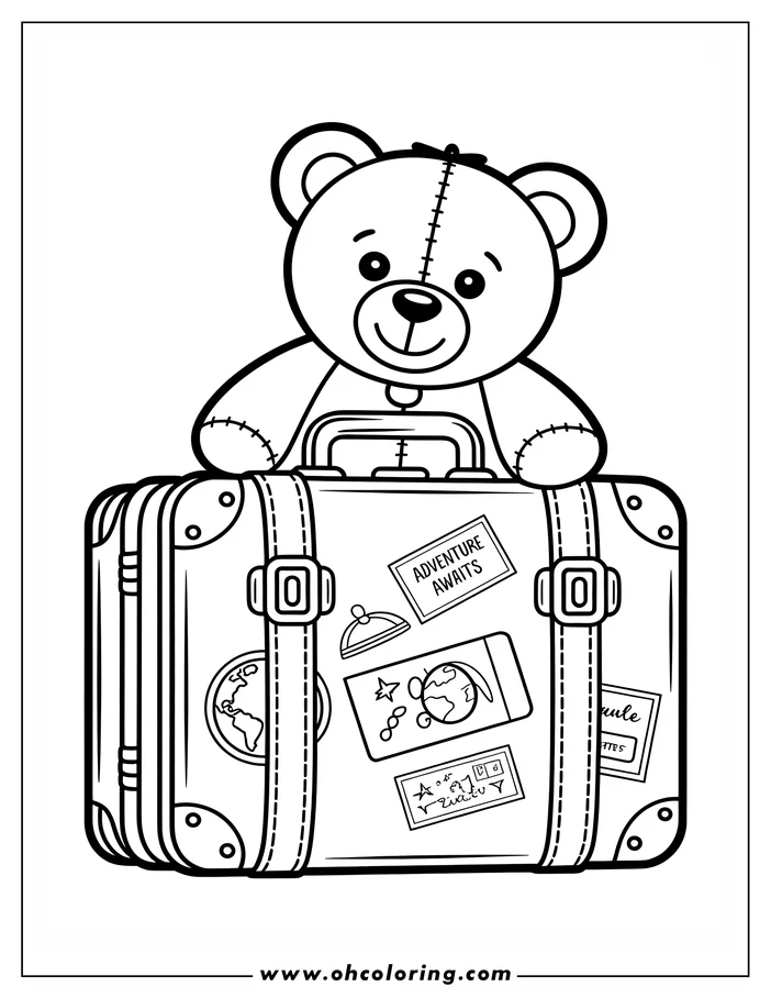 Line art of a teddy bear sitting on a suitcase covered in travel stickers. The bear has stitched patches, and the suitcase features a globe, map, and luggage tag. This is a coloring sheet design ready for printing and coloring.