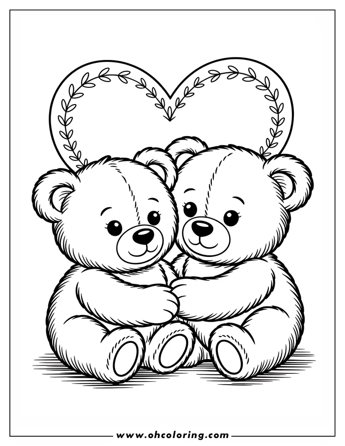 Line art drawing of two teddy bears hugging under a heart-shaped frame decorated with leaves. This Valentine's Day coloring sheet design is perfect for a sweet and cuddly coloring activity.