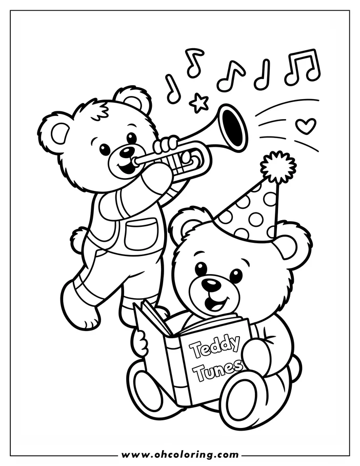 Two teddy bears engaged in a musical activity; one plays a trumpet and the other holds a songbook.