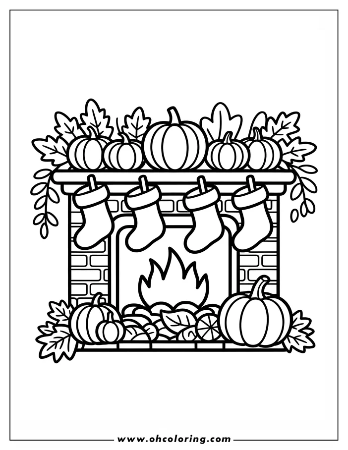 Line art of a Thanksgiving fireplace decorated with pumpkins, leaves, and stockings. A warm fire burns in the hearth, creating a cozy holiday scene.