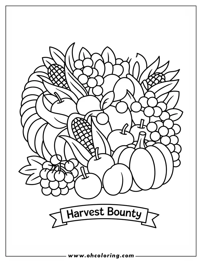 Line art of a Thanksgiving harvest bounty with pumpkins, corn, apples, grapes, and other fall fruits and vegetables.