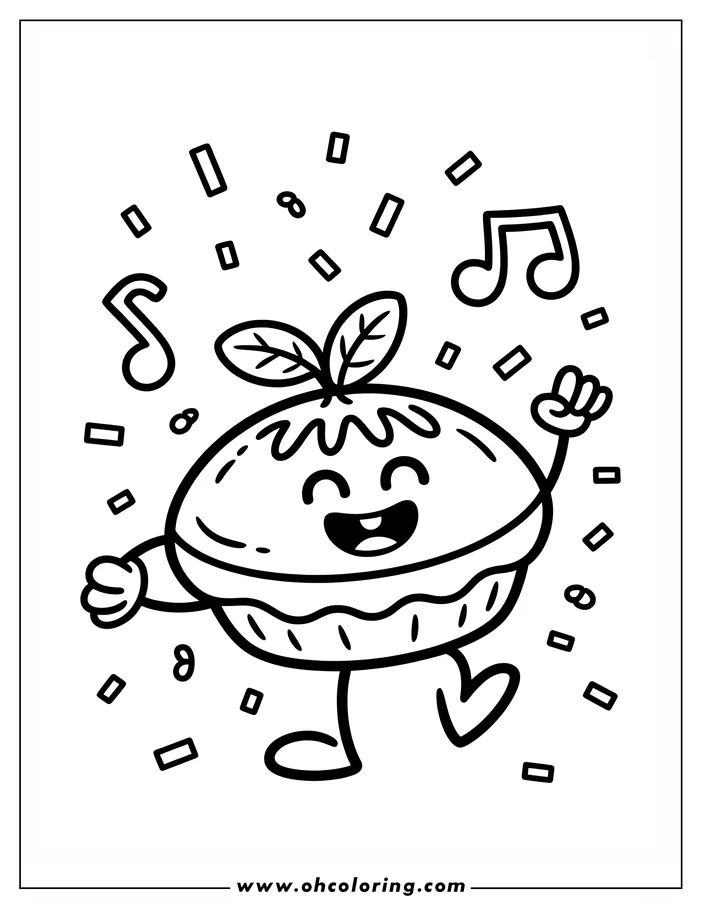Line drawing of a happy Thanksgiving pie with legs and arms dancing. Music notes and small squares float around.